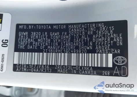 2016 Toyota Corolla Le из США, поврежденный, VIN 2T1BURHE1GC489820